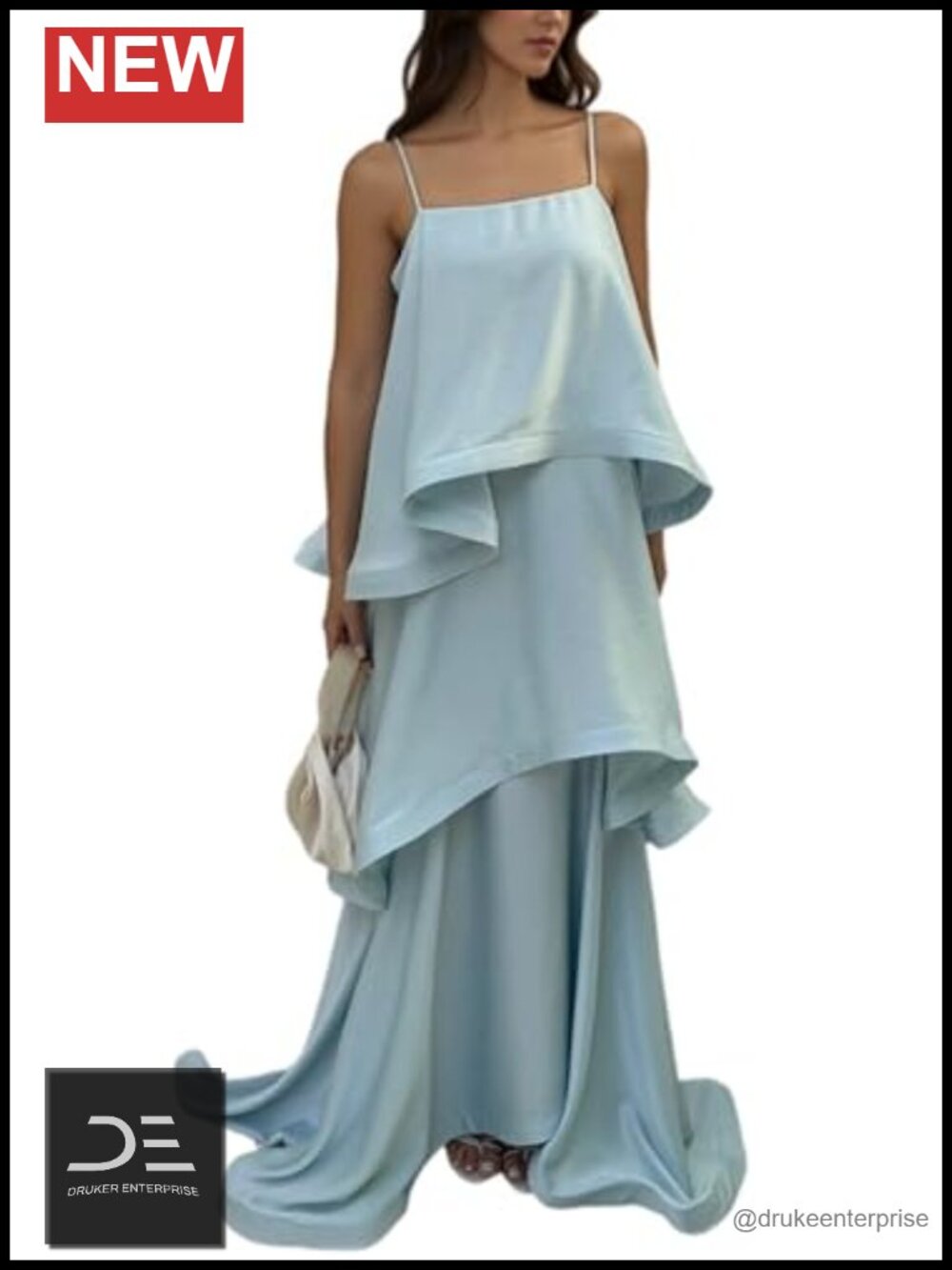 Satin Spaghetti Strap Maxi Dress Backless Square Neck Ruffle Layered Flowy